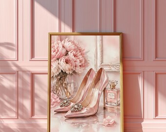 Pink Heels Wall Art, Glam Perfume Fashion Print, Blush Flowers Poster, Feminine Vanity Bedroom Decor, Chic Girly Digital Download