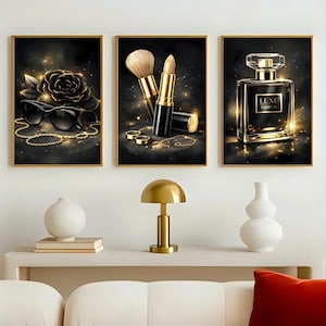 Black Gold Glam Wall Art Set | Perfume Makeup Rose Prints | Luxury Bedroom Decor | Chic Vanity Posters | Printable Art