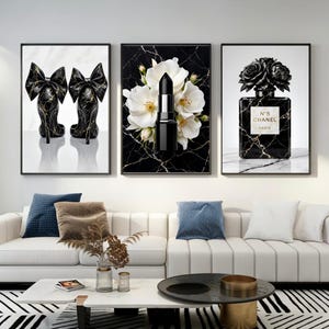 Black Marble Fashion Wall Art Set of 3 Prints, Perfume Heels Lipstick Poster, Luxury Feminine Bedroom Decor, Chic Makeup Vanity Wall Art
