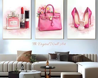 Arte de pared de moda rosa / Impresiones de perfume, bolso y tacones / Decoración glamorosa femenina / Arte de pared elegante para dormitorio / Descarga digital imprimible