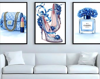 Blue Fashion Wall Art Set of 3, Glam Printable Wall Art, Blue Perfume Heels Bag Print, Chic Fashion Gallery Wall, Digital Download