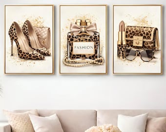 Leopard Glam Fashion Wall Art Set | Heels Perfume Lipstick Print | Chic Feminine Decor | Printable Fashion Poster | Digital Download