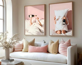 Pink Champagne Wall Art Set | Cozy Bedroom Prints | Feminine Home Decor | Chic Minimal Wall Art | Digital Download