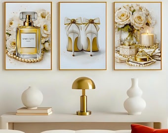 Gold Fashion Wall Art Set of 3 | Luxury Perfume Heels Floral Prints | Elegant Glam Bedroom Decor | Feminine Digital Download