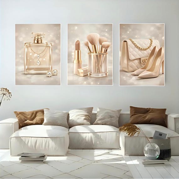 Beige Glam Wall Art Set of 3, Neutral Fashion Printable Art, Perfume Makeup Heels Decor, Elegant Feminine Gallery Wall, Digital Download