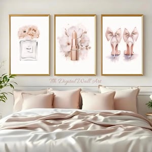 Glam Fashion Wall Art Set, Fashion Prints, Feminine Bedroom Decor, Lipstick Perfume Heels Wall Art, Printable Glam Poster Digital Download image 1