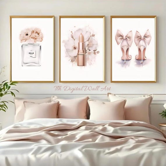 Glam Fashion Wall Art Set, Fashion Prints, Feminine Bedroom Decor, Lipstick Perfume Heels Wall Art, Printable Glam Poster Digital Download