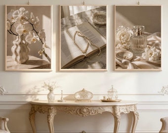 Neutral Luxury Wall Art Set of 3, Beige Floral Prints, Elegant Perfume Wall Art, Quiet Luxury Decor, Feminine Gallery Wall Download