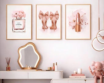 Blush Pink Fashion Wall Art Set of 3 – Heels, Perfume & Lipstick Prints | Glam Feminine Decor | Digital Download