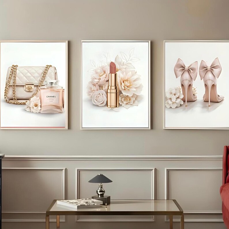 Glam Fashion Wall Art Set | Blush Pink Heels Lipstick Perfume Print ...