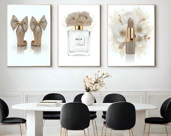 Beige Fashion Wall Art Set of 3, Neutral Glam Printable Art, Perfume Heels Lipstick Wall Decor, Elegant Feminine Gallery Wall, Digital Art