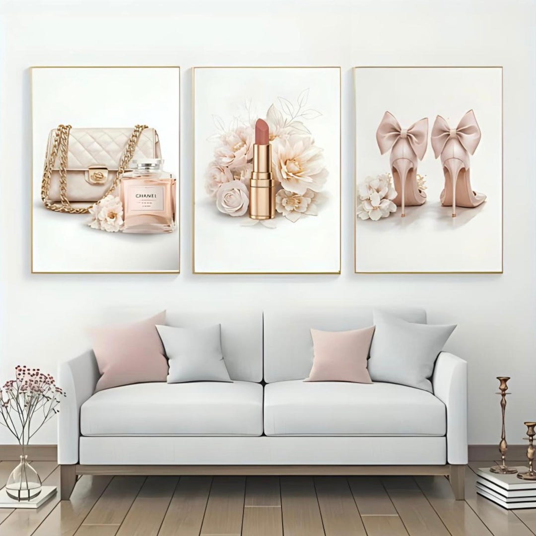 Glam Fashion Wall Art Set | Blush Pink Heels Lipstick Perfume Print ...