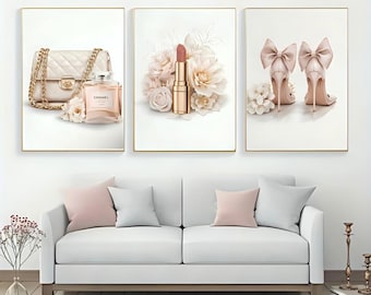 Glam Fashion Wall Art Set | Blush Pink Heels Lipstick Perfume Print | Feminine Bedroom Decor | Neutral Glam Poster | Digital Download