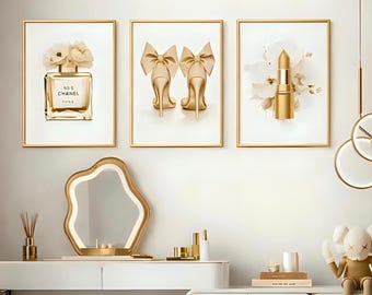 Ensemble d'oeuvres d'art murales glamour | Impressions de parfum de rouge à lèvres | Décoration de chambre féminine dorée | Poster mode imprimable | Téléchargement numérique