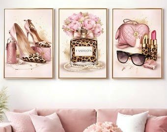 Set of 3 Fashion Wall Art Prints – Pink Glamour Decor with Perfume, Heels & Accessories – Modern Feminine Wall Art for Bedroom or Living