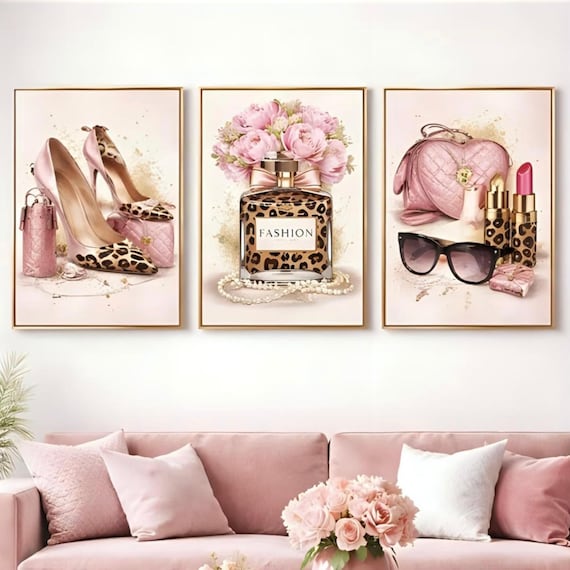 Set of 3 Fashion Wall Art Prints – Pink Glamour Decor with Perfume, Heels & Accessories – Modern Feminine Wall Art for Bedroom or Living