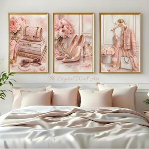 Blush Pink Fashion Wall Art Set of 3, Glam Heels Flowers Printable Posters, Girly Bedroom Decor, Vanity Makeup Room Gallery Wall