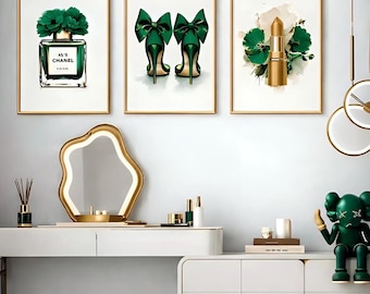 Emerald Glam Fashion Wall Art Set | Green Heels Perfume Lipstick Print | Luxury Feminine Decor | Printable Fashion Poster | Digital Download
