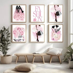 Conjunto de 6 quadros decorativos com inspiração na moda parisiense | Impressões femininas e elegantes | Decoração rosa e preta | Arte de parede para imprimir | Download digital