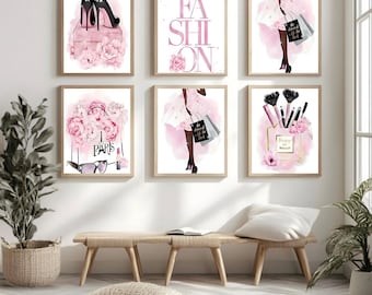 Parisian Fashion Wall Art Set of 6 | Chic Feminine Prints | Pink & Black Decor | Printable Wall Art | Digital Download