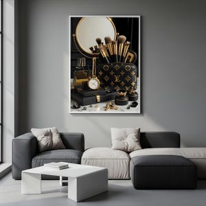 Black Gold Makeup Vanity Wall Art, Glam Mirror Beauty Print, Luxury Fashion Poster for Chic Bedroom Decor, Digital Download