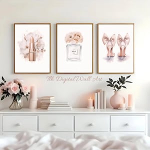 Glam Fashion Wall Art Set, Fashion Prints, Feminine Bedroom Decor, Lipstick Perfume Heels Wall Art, Printable Glam Poster Digital Download image 2