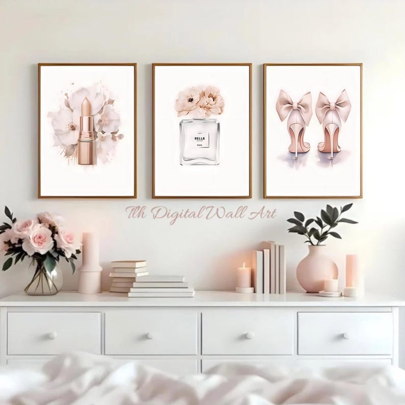 Glam Fashion Wall Art Set, Fashion Prints, Feminine Bedroom Decor, Lipstick Perfume Heels Wall Art, Printable Glam Poster Digital Download image 2