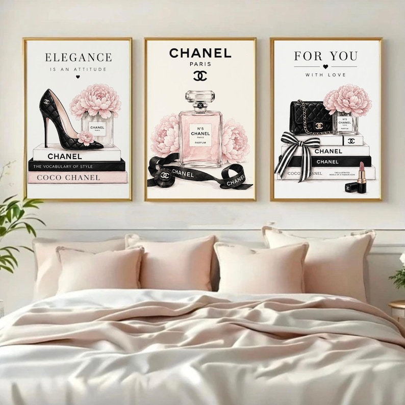 Pink Fashion Wall Art Set of 3, Coquette Printable Wall Art, Glam Gallery Wall Prints, Feminine Bedroom Decor, Luxury Inspired Decor image 1