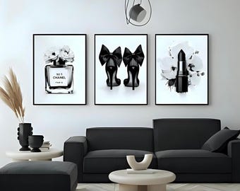 Arte mural de moda en blanco y negro / Impresiones de perfumes y tacones de lápiz labial / Decoración minimalista y glamurosa para dormitorio / Arte mural femenino / Descarga digital