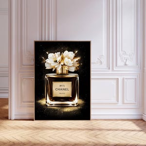 Gold Black Perfume Wall Art, Luxury Fashion Print, Glam Floral Bottle Poster, Chic Makeup Room Decor, Elegant Vanity Art, Digital Download