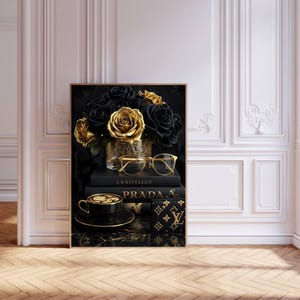 Black Gold Roses Wall Art, Fashion Books Coffee Print, Glam Vanity Decor, Luxury Printable Poster for Bedroom, Digital Download