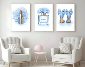 Blue Fashion Wall Art Set of 3 | Elegant Feminine Prints | Perfume Heels Makeup Decor | Soft Luxury Printable Wall Art