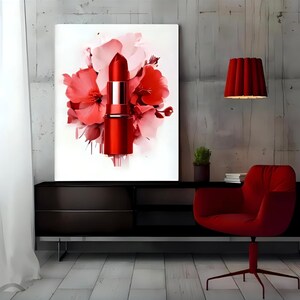 May include: A vibrant red lipstick is the focal point of a canvas print, set against a backdrop of red and pink floral elements. The artwork is displayed above a black cabinet, with a red chair and lamp adding to the color scheme.