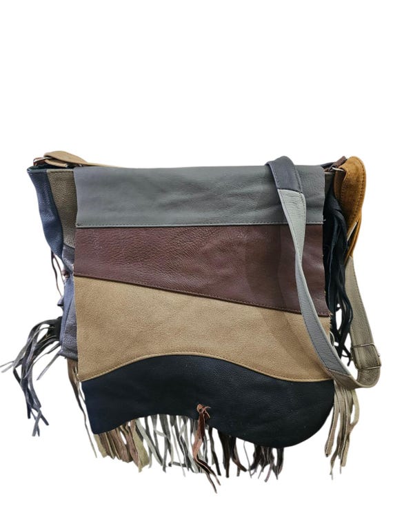 Real Leather Multi-Color Block Fringe Messenger B… - image 8