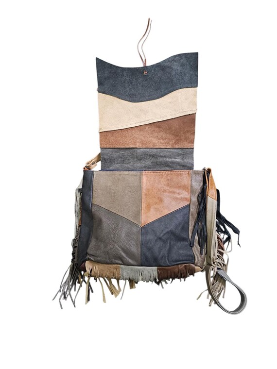 Real Leather Multi-Color Block Fringe Messenger B… - image 3