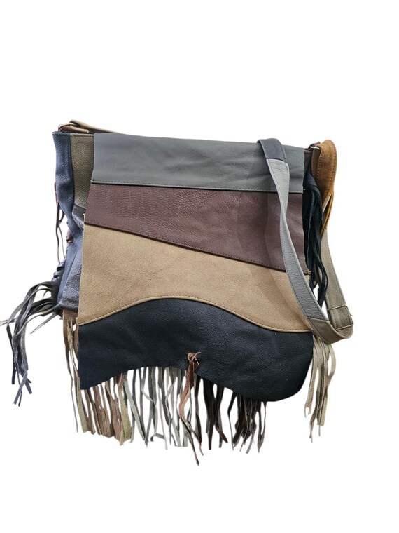 Real Leather Multi-Color Block Fringe Messenger B… - image 7