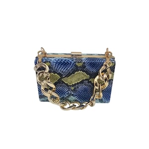 Bolso de mano con marco de pitón azul, bolso de mano con marco cuadrado de serpiente