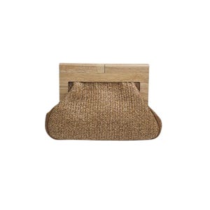 Khaki Straw Weave Wooden Clutch Handbag, Stylish Straw Pouch Clutch Bag