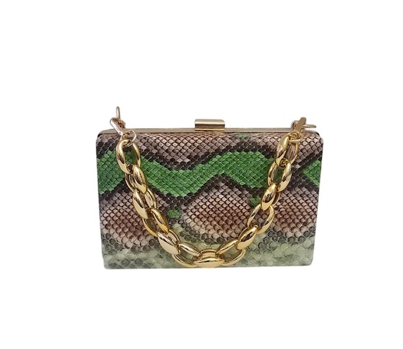 Green Python Print Frame Clutch: Vegan Handbag wi… - image 1