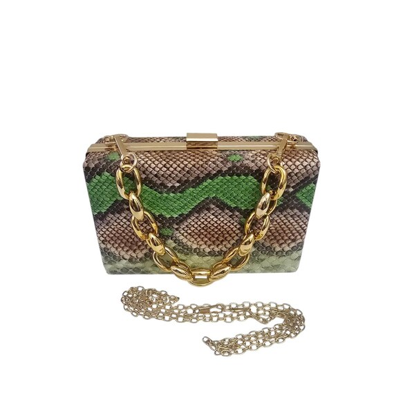 Green Python Print Frame Clutch: Vegan Handbag wi… - image 6