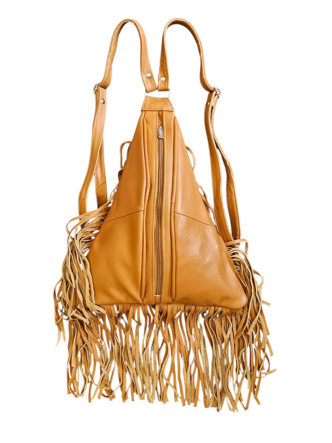 Tan Leather Fringe Backpack: Bohemian Style, 10x12 Inches - Etsy display picture 2