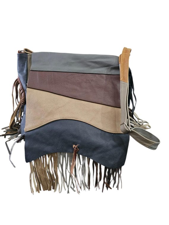 Real Leather Multi-Color Block Fringe Messenger B… - image 1