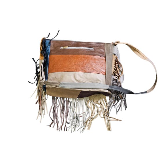 Real Leather Multi-Color Block Fringe Messenger B… - image 2
