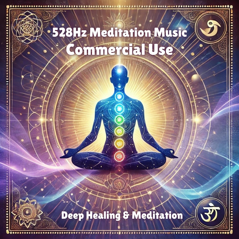 May include: A digital illustration of a person meditating with a colorful aura, surrounded by a mandala pattern. The text "528Hz Meditation Music Commercial Use" and "Deep Healing & Meditation" are displayed on the image.