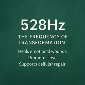 May include: A green chalkboard with white text that reads "528Hz The Frequency of Transformation" and lists the following benefits: "Heals emotional wounds", "Promotes love", and "Supports cellular repair".