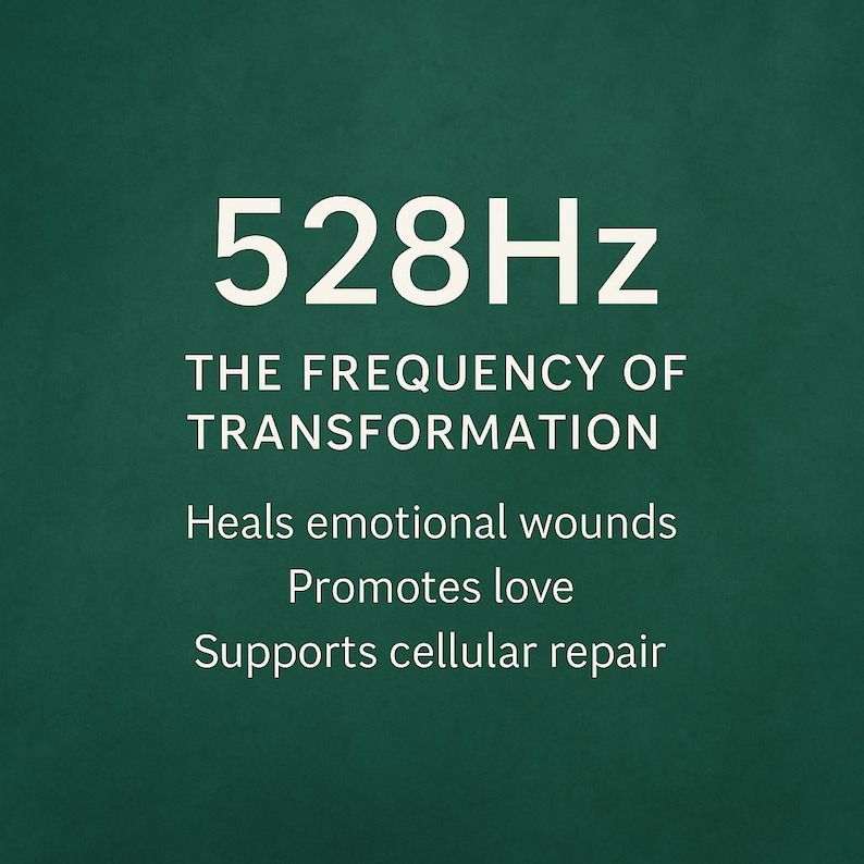 May include: A green chalkboard with white text that reads "528Hz The Frequency of Transformation" and lists the following benefits: "Heals emotional wounds", "Promotes love", and "Supports cellular repair".