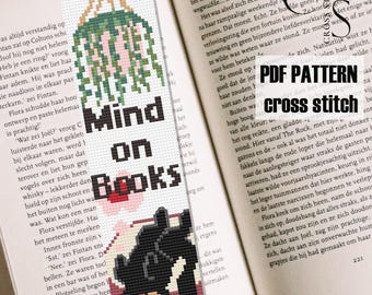 PDF PATTERN cross stitch bookmark "Mind on books". bookmark pattern. Cross stitch pdf bookmark with soapy cat, for those who like to read