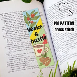 PDF PATTERN cross stitch bookmark &quot;Wake & hustle&quot;. PDF cross stitch pattern of a unique bookmark with a mug of coffee and coffee beans.