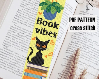PDF PATTERN cross stitch bookmark "Book vibes". Cross stitch bookmark pattern with cute cat. Cross stitch pattern for bookmark.