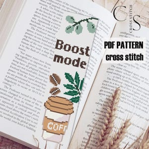 PDF PATTERN cross stitch bookmark &quot;Boost mode&quot;. PDF cross stitch pattern of a unique bookmark with a cup of coffee and coffee beans.